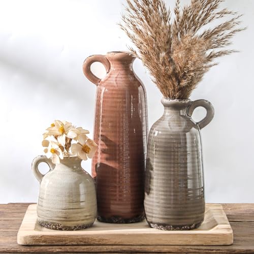 Ceramic Vases Set of 3, Neutral Rustic Farmhouse Vase with Handle, Decorative Flower Vases Home Decor Modern Boho Pampass Vase for Table Mantel Entryway Shelf Living Room Kitchen Bathroom - Brown - color: 010 - Brown