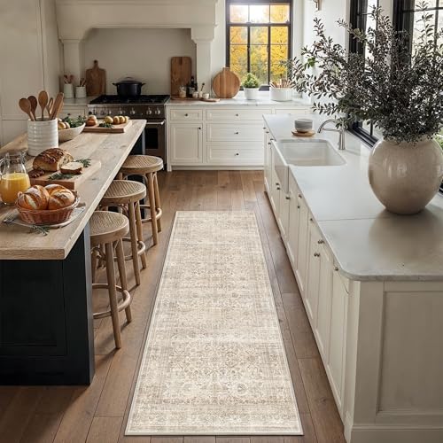 Schweek 2x6 Beige Runner Rug Washable Non Slip Neutral Runners for Hallway | Entryway Runners, Soft Stain Resistant Kitchen Rugs, Low Pile Vintage Floral Long Carpet for Bedroom, Laundry Room, Office - color: Beige, size: 2' x 6' (Runner)