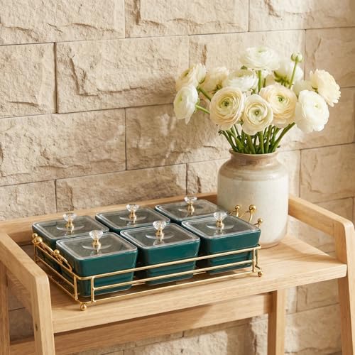 YA JU Ceramic Bowls and with Lid Gold Basket Trays, 6 Removable Small Bowls Condiment Trays Nut Serving Set for Snacks, Fruits, Candy and Condiments - Great for Parties, Holiday Gifts, Green - color: Green 6 Removable snack Bowls