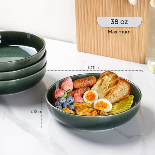 GBhome 8.75'' Large Ceramic Pasta Bowls, 38oz Stoneware Pasta Serving Bowls Set of 4 for Kitchen, Wide Bowls for Fruit,Pasta,Salad,Oatmeal,Meal, Microwave Safe, Reactive Glaze-Earth Green - color: Earth Green
