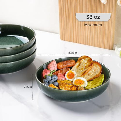 GBhome 8.75'' Large Ceramic Pasta Bowls, 38oz Stoneware Pasta Serving Bowls Set of 4 for Kitchen, Wide Bowls for Fruit,Pasta,Salad,Oatmeal,Meal, Microwave Safe, Reactive Glaze-Earth Green - color: Earth Green