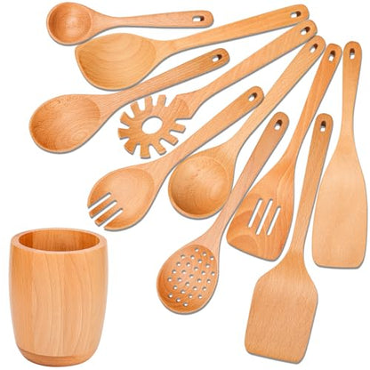 11 PCS WOSPONFAN Kitchen Utensils Set - Wooden Spoons for Cooking, Natural Beech Wood Wooden Utensils - Includes Wooden Spoons, Spatula Set, Slotted Spoon - Handmade Wooden Spoon Set | Heat Resistant, Non-Scratch, Safe for Nonstick Pan, Easy to Clean, Dai