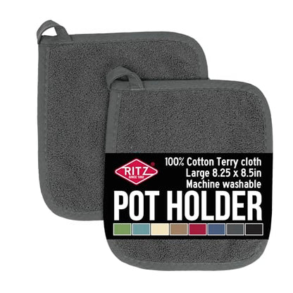 RITZ Terry Potholder & Hot Pad: Unparalleled Heat Resistant, Durable 100% Cotton – Ergonomically Designed for Optimal Grip – Easy-Care Machine Washable – 2-Pack, Graphite - color: Graphite, size: 2-Pack