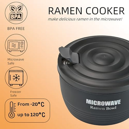 Layron 2 Sets Microwave Ramen Cooker Bowl 45 oz Instant Noodle Bowl with Handles Ramen Noodle Cooker with Spoon Chopsticks Fork Knife College Dorm Room Essentials(Black, Black) - color: Black