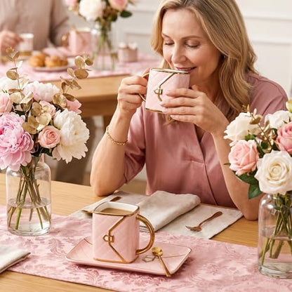 Zubebe 1 Set Coffee Mug Elegant Handbag Shaped Cup Modern Ceramic Purse Mug with Spoon and Saucer, 10oz Cute Creative Tea Cup for Woman Girls Gift (Pink) - color: Pink