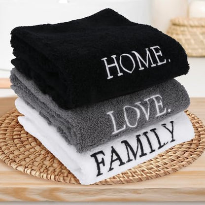 3 Pcs Bathroom Towels Decorative Set, Bathroom Decor Towels, Farmhouse Decorative Hand Towel, Embroidered 100% Cotton, Black Decoratives Towel for Bathrooms Boho Decor (Home Love Family)