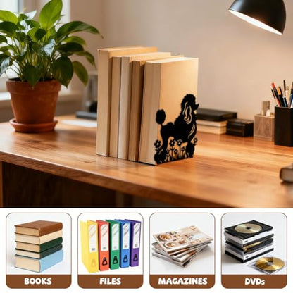 5.3"x4.3"x6.5" Metal Bookends, Heavy Duty Book Ends for Shelves | Poodle Dog and Flowers Theme Cast Iron Book Supports, 1 Pair Decor Stoppers for Desk, Library, Office & Home Shelves - style: Poodle Dog and Flowers