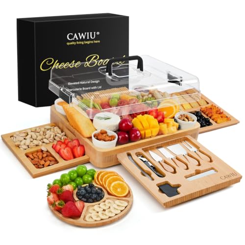 Large Bamboo Charcuterie Board Set with Lid, Drawers, Black | Includes serving utensils and a fruit tray for easy entertaining; ideal for housewarmings, weddings and bridal showers. - color: Black