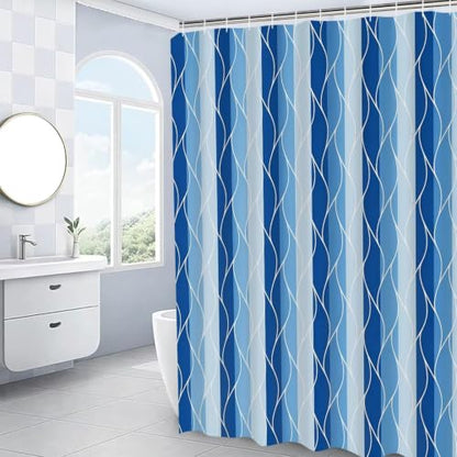 DDQQ 4Pcs Blue Bathroom Set Stripe Shower Curtain Set Modern Geometric Shower Curtain for Bathroom with 12 Hooks, Bathroom Carpet Bath Mat and Toilet Rugs - color: Blue