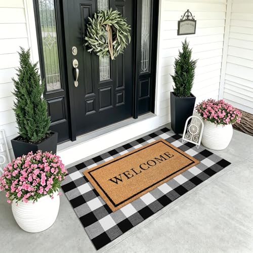 KOZYFLY Buffalo Plaid Area Rugs 3x5 Ft Black and White Checkered Rug Washable Front Door Mat Hand Woven Cotton Outdoor Rug Large Rug for Front Porch Kitchen Entryway Patio Bathroom | Washable Front Door Mat, Woven Cotton Outdoor Rug, Large Rug for Front P