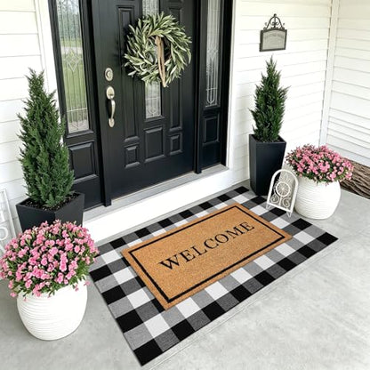 KOZYFLY Buffalo Plaid Area Rugs 3x5 Ft Black and White Checkered Rug Washable Front Door Mat Hand Woven Cotton Outdoor Rug Large Rug for Front Porch Kitchen Entryway Patio Bathroom | Washable Front Door Mat, Woven Cotton Outdoor Rug, Large Rug for Front P