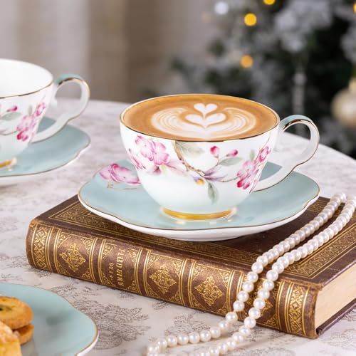 KAMMAK Tea Cups Set of 2,Ceramic Floral Pattern Demitasse Cup | Porcelain Espresso Cup with Saucer, 5.41 oz Handmade Elegant Bone China Tea Cups for Latte, Americano, Cappuccino - color: Fragrance in Spring