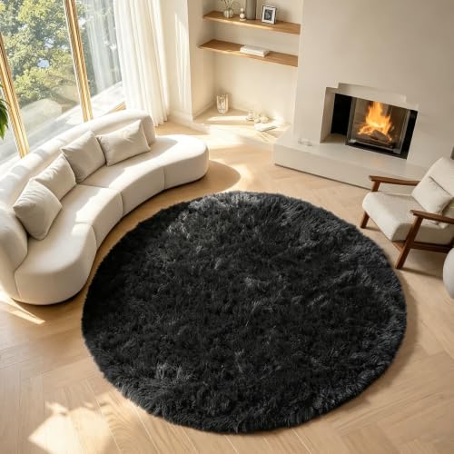 Black Round Rugs 7ft for Living Room, Fluffy Bedroom Circle Area Rug, Soft Plush Shaggy Carpet for Kids Girls Boys Teen Nursery Dorm Classroom Playroom Home Decor Aesthetic - color: Black, size: 7' (Round)