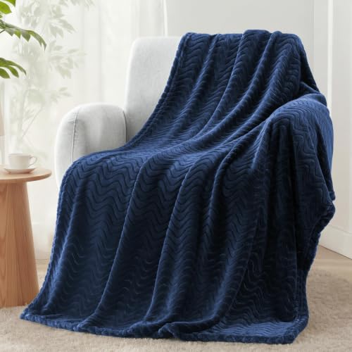 Exclusivo Mezcla Large Fleece Throw Blanket for Couch, Sofa, Navy Blue | 50"x70" Soft Breathable Lightweight Flannel Throws for Summer, Plush Cozy Jacquard Wave Blanket for Home Decor - color: Navy Blue, size: Throw ( 50x70 IN )