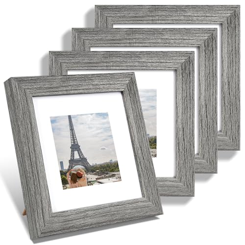 Hongkee 6x6 Picture Frame Set of 4, Made of Glass and Grey Wooden Frame - Display Picture 4x4 with Mat or 6 x 6 Without Mat, 6x6 Photo for Wall or Tabletop - color: Grey, size: 6x6 in