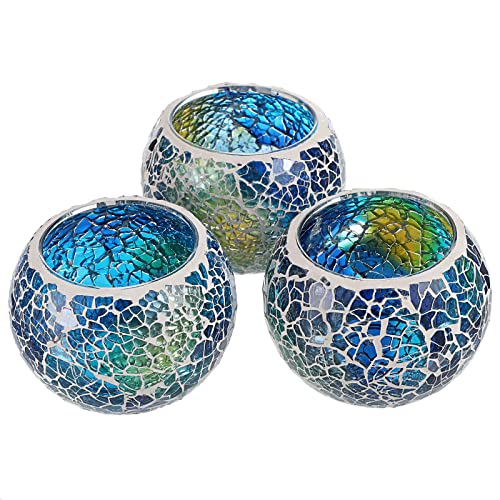 OwnMy 3PCS Mosaic Glass Tea Light Holders Round Bowl Votive Candle Holders | Blue Mosaic Glass Pillar Candle Stands, Glass Mosaic Tealight Candle Holders Set for Wedding Table Centerpieces Home Decors - color: Blue