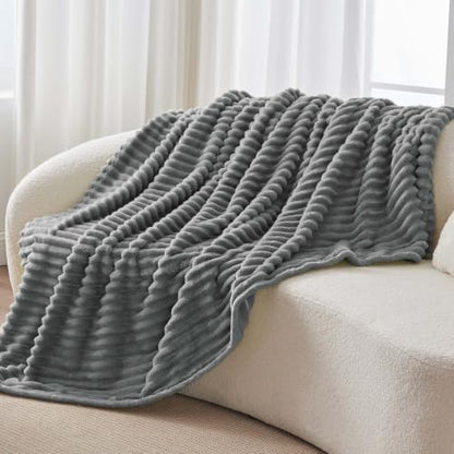 Nookly Grey Twin Size Fleece Blanket, Soft Lightweight Ribbed Plush Bed Blanket, Cozy All-Season Striped Fleece Twin Throw for Bedroom and Home, 60x80 Inches - color: Grey, size: Twin(60"x80")