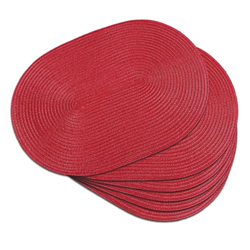 Placemats Set of 6, Woven Oval Braided Dining Table Mats(Red) | 12 x 17.5 Inch Size Fits Plates and Flatware; Hand Washable and Heat Resistant for Kitchen Use, with Farmhouse and Boho Style - color: Red, size: 6 pcs