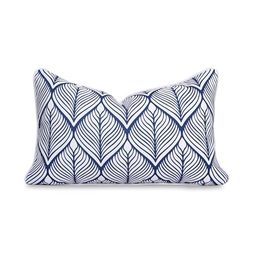 Hofdeco Premium Coastal Patio Indoor Outdoor Lumbar Pillow Cover Only, 12"x20" Water Repellent for Backyard, Couch, Navy Blue Print Geometric Leafs - color: Navy Blue Geometric Leafs 12"x20"