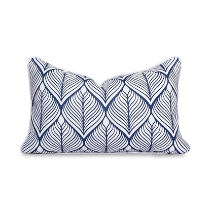 Hofdeco Premium Coastal Patio Indoor Outdoor Lumbar Pillow Cover Only, 12"x20" Water Repellent for Backyard, Couch, Navy Blue Print Geometric Leafs - color: Navy Blue Geometric Leafs 12"x20"