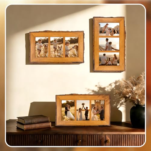 Golden State Art 4x6 Collage Picture Frame,Solid Wood&Real Glass,3 Photos | Multi Picture Frame for (3) 4x6 Photos - Natural Bark Edges Design - Farmhouse Collage Wall Decor - Rustic Brown - size: 3 Openings 4x6