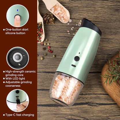 2 PCS Rechargeable Gravity Electric Salt and Pepper Grinder Set Shakers Automatic Grinders Adjustable Coarseness Mill Grinder Set with 3.5oz 90ml Capability size 2.4x7 inches Charging By USB