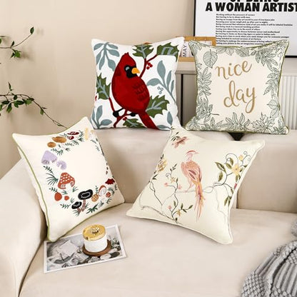 Embroidered Throw Pillow Covers 18x18 Set of 2 Mushroom | Durable Fabric,Square Pillow Cover,Boho Decorative,Hidden Zipper,Aesthetic Design,Ideal Gift,Machine Washable - color: Mushrooms