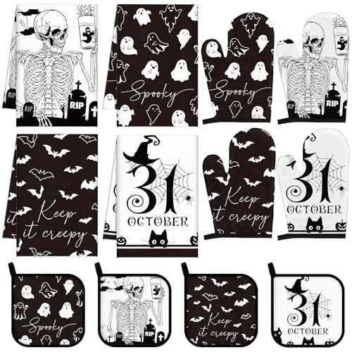 12 Pcs Halloween Kitchen Towels and Oven Mitt Sets 4 Skeleton Oven Mitts 4 Ghost Dish Towels and 4 Witch's Pot Holders Cooking Accessories for Holiday Kitchen Decoration - style: Skeleton