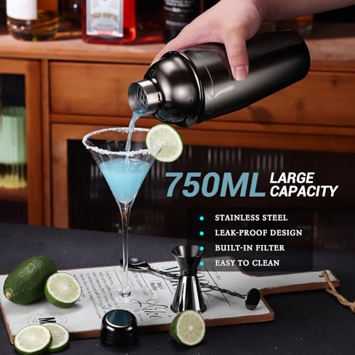 Cocktail Shaker Set Bartender Kit with Stand, 12 Piece Bar Set Drink Mixer Set with Stainless Steel Bar Accessories Tools: 25oz Martini Shaker Jigger Strainer Spoon Muddler for Cocktails (Black) - color: Black