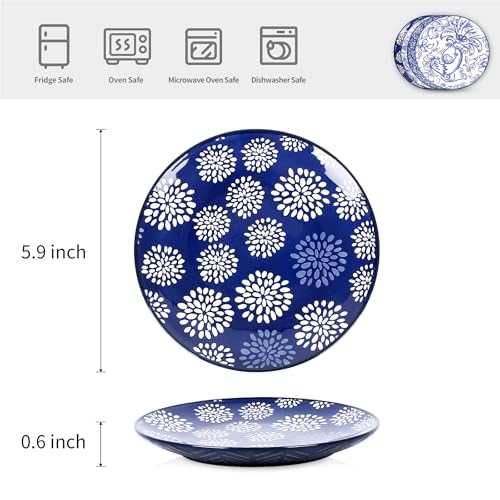 Selamica Dessert Plates Ceramic, 6 Inch Embossed Small Plates for Appetizer, Cake, Snacks, Microwave Dishwasher Safe, Set of 4, Blue - size: 6 inch