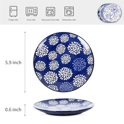 Selamica Dessert Plates Ceramic, 6 Inch Embossed Small Plates for Appetizer, Cake, Snacks, Microwave Dishwasher Safe, Set of 4, Blue - size: 6 inch