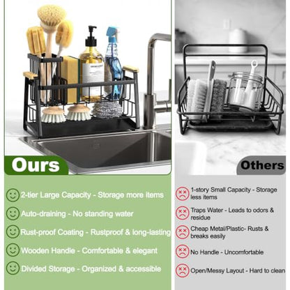 Housolution 2-Tier Sponge Holder for Kitchen Sink Caddy with Brush Holder | Auto-Draining, Suction Cups, Wooden Handle , Kitchen Sink Countertop Organization Storage, Dish Soap Holder, Rustproof, Black - color: Black