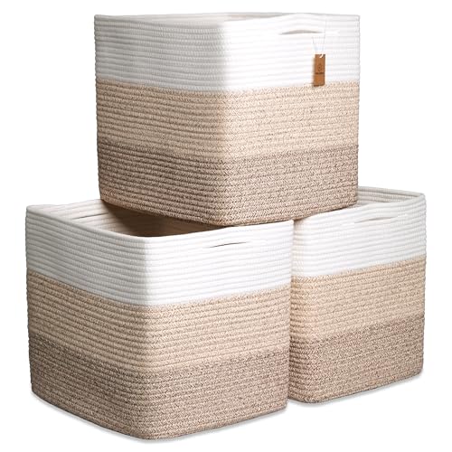 NaturalCozy 13x15x13 Kallax Storage Cubes Bins, 3 Pack | Cotton Rope Cube Storage Bin Woven Baskets for Organizing | Kallax Insert Storage Baskets for Shelves Organizer, Kids Toy, Closet Baby Nursery - color: 3-Tone Brown, size: 15 x 13 x 13 (Kallax)