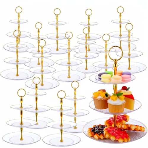 Teenyyou 16 Pack 3 Tier Cupcake Stand Bulk Tiered Dessert Stand Thick Plastic Serving Tray with Gold Edges Dessert Table Display Set Tea Cake Holder for Wedding Birthday Party (Clear) - color: Clear