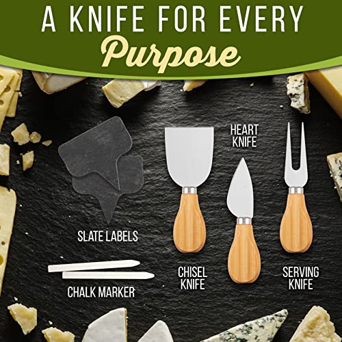 NutriChef Bamboo Natural Cheese Board Set with Bonus Condiment Cup-Extra Large Size 100% Home Organic Wooden Plate and Charcuterie Tray with 4 pcs Cutting Knife Slicer, 13" Round - style: Round with Gift Box