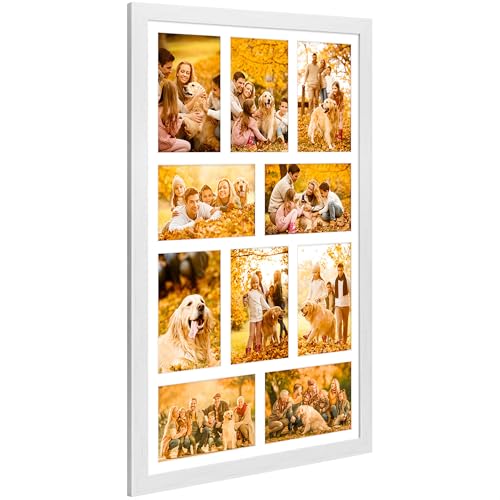 13x21 Collage Frame with 10 Openings 4X6 Pictures, Multiple Picture Frame with Mat, Wall or Tabletop Decor, White Wood Grain,1 Pack - color: White, size: 13x21-(10 open4x6)-1P