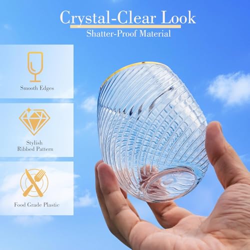 48 Pack Plastic Wine Glasses – 24 x 9oz Stemless Champagne Flutes & 24 x 12oz Disposable Wine Glasses – Elegant Disposable Plastic Cups with Gold Rim – BPA-Free Drinkware for Weddings, Parties-Spiral - color: Gold Rim Hammered