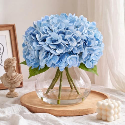 Hydrangea Artificial Flowers with Vase, Real Touch Latex, Blue | Lifelike Faux Water, Nearly Natural Leaves, Durable & Fade-Resistant, Home Office Table Centerpiece Decor - color: Blue