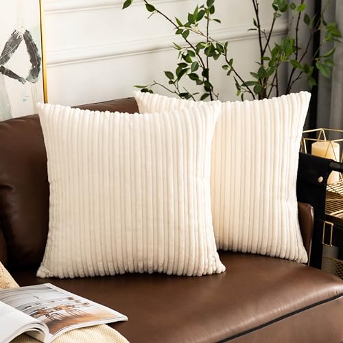 UGASA Corduroy Striped Soft Decorative Throw Pillow Covers Soild Square Set Cushion Cases Pillowcases for Sofa Bedroom, 2 Pcs, 16x16inch, Cream - color: Cream, size: 16" x 16" (Pack of 2)