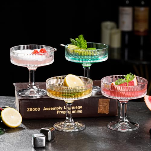 12 Pcs Martini Glasses, 6.7oz Crystal Champagne Tower, Art Deco Ribbed Coupe Glasses, Stem Cocktail Glassware Set, Margarita Cups, Heavy Base Bar Glassware for Martini, Gimlet, Manhattan - style: Ribbed Style