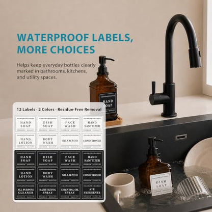 Amber Glass Soap Dispesner Set 2 16.9oz Kitchen Sink Luxury Bathroom Decor | Anti-leak Stainless Steel Pump, Bamboo Tray Silicone Funnel, Refillable Bottles with Waterproof Labels Residue Free - color: Dm2647-brown