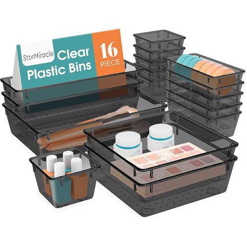 16 PCS Drawer Organizer Set, 5 Size Bathroom and kitchen organizer Trays | Bathroom and kitchen Drawer cabinet organizer Trays, Clear Storage Bins for Makeup, Jewelry, Utensils and Gadgets - color: Black, size: 16 PCS