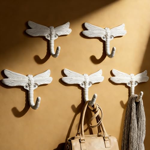 5pcs Dragonfly Coat Hooks Decorative Animal Wall Mounted Heavy Duty Hooks Vintage Towel Bathrobe Hook for Home Handbag Clothes Hats Bags Keys Indoor Outdoor(Pearl White) - color: Pearl White