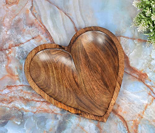 EDHAS Mango Wood Heart Curved Shaped Decorative Bowl for Table Centerpieces Home Party Wedding Décor (10" x 10" x 1.5")