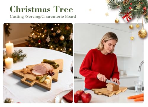 Acacia Wood Christmas Tree Cutting Board 15x12 Inch Charcuterie Board with Handle, Xmas Cheese Appetizer Tray, Wooden Decorative Serving Platter for Holiday Kitchen Party