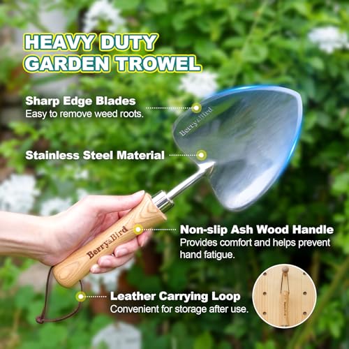 Berry&Bird Potting Trowel, Oversized Garden Hand Shovel with Sharp Blade & Wood Handle, Stainless Steel Gardening Tool for Roots, Planting, Digging, Transplanting, Soil Loosening and Fertilizer Mixing - color: Plus-size Potting Trowel
