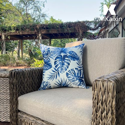 Outdoor Throw Pillows 18×18 Inch Waterproof Pillows with Inserts | Set of 2 Fade Resistant Patio Pillows for Porch Garden Couch and Patio Furniture - color: Blue-palm