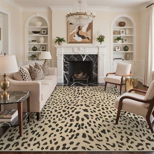 Leopard Print Rugs 8x10 Washable Area Carpet for Living Room Bedroom | Cheetah Animal, Beige Brown, Dining Room Dorm Playroom, Soft Morden Cool Carpet Large Thin Low Pile Foldable, Water Repellent - color: Leopard / Beige and Brown, size: 8' x 10' (Rectan
