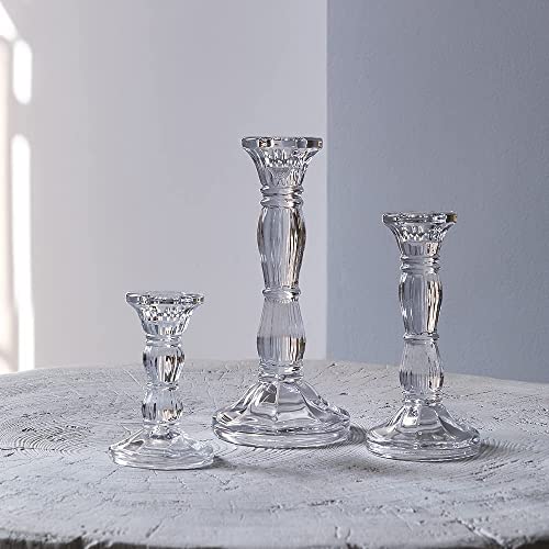 3 Pack Glass Candle Stick Holders - Clear Crystal Taper Candles Holder– for Buring Candles, Led Taper Candle,Party and Wedding Centerpieces, Table Decoration - color: Glass-clear