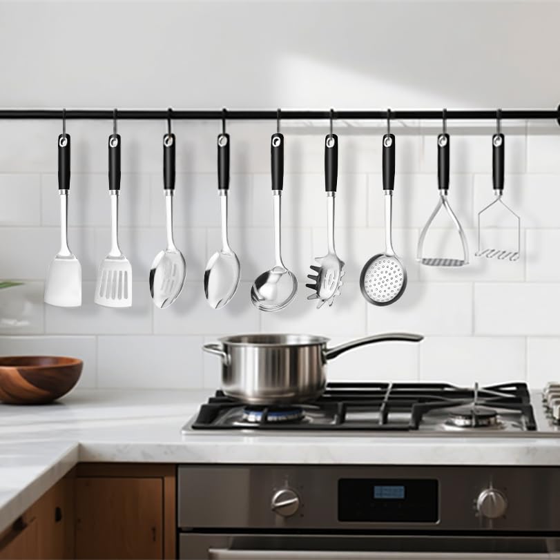 18/0 Stainless Steel Cooking Utensils Set, Heavy Duty Kitchen Utensils for Daily Use Party Wedding Housewarming, Dishwasher Safe, 9 Pieces - color: Black, size: 9PCS-Cooking Utensils Set